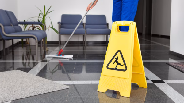 Man With Mop And Wet Floor Sign